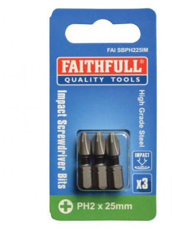 Faithfull FAISBPH225IM Phillips Impact Screwdriver Bits PH2 x 25mm (Pack 3)